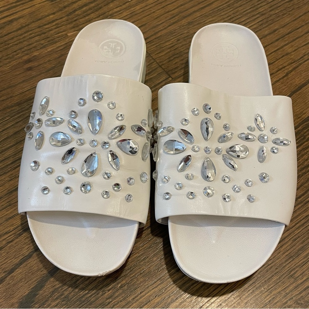 Tory Burch Brae Slides Silver Embellishment Napa Leather Women’s 8.5